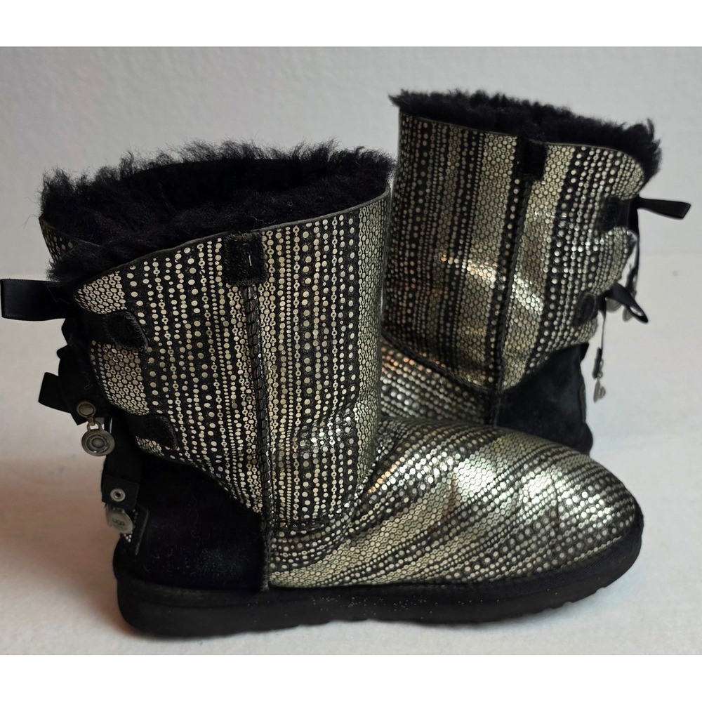UGG Australia Bailey Bow Metallic Sequin Dot Black Silver Charm Boots 1004791 9